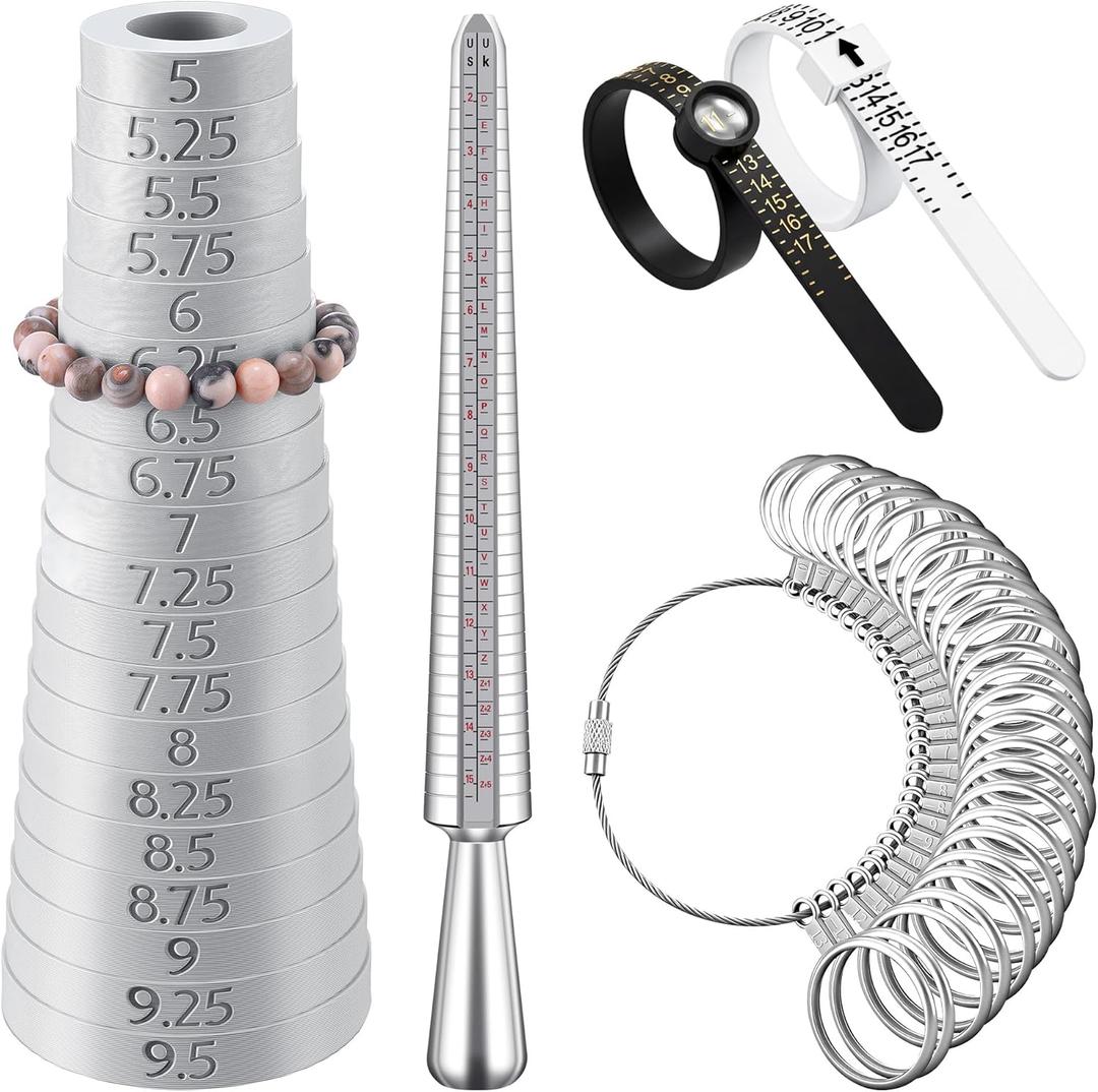HappyAlley Bracelet Sizer Mandrel & Ring Size Measuring Tool Kit with Ring Mandrel Measurer, Finger Sizers for Measuring, 2 Pcs Finger Measurers US Sizer 1-17(Silvery,Premium Steel,Standard)