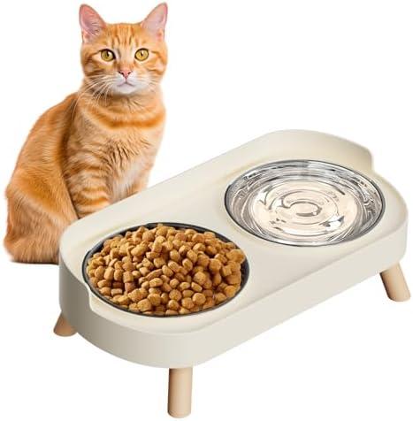 Elevated Cat Bowl, Raised Cat Food and Water Bowl Set for Indoor Cats, Splash Proof with 2 Stainless Steel Pet Food Bowls for Cats and Puppies, Whisker Fatigue and Dishwasher Safe - White