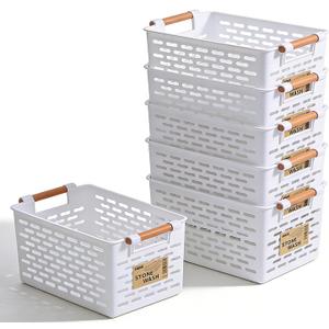 6 Pcs Plastic Storage Basket for Shelves, 12 x 6 x 5 Inch White Organizing Bins Basket with Handles, Narrow Shelf Bins for Organizing Pantry, Cabinet, Bedroom, Closet