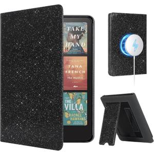 CoBak Stand Case for 7" Kindle Paperwhite 12th Gen 2024 and Kindle Colorsoft with Hand Strap - Compatible with iPhone MagSafe, for Samsung/Belkin/Anker Wireless Charging Pads, Durable, Auto Sleep Wake (Black Glitter)