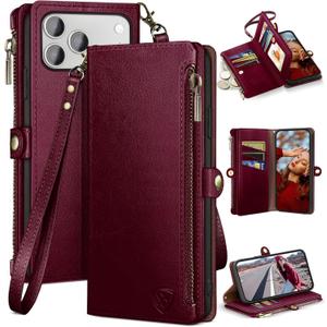 XcaseBar compatible with iPhone 17 Pro 6.3" Wallet case with Zipper Credit Card HolderRFID Blocking,Flip Folio Book PU Leather Phone case Shockproof Cover Women Men for Apple 17 Pro case Wine Red