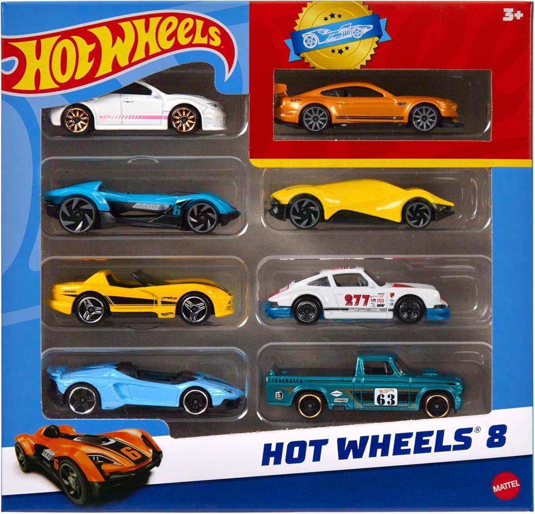 Hot Wheels, Set of 8 Basic Toy Cars & Trucks in 1:64 Scale, Includes 1 Exclusive Car, Different Mixes Released Throughout The Year