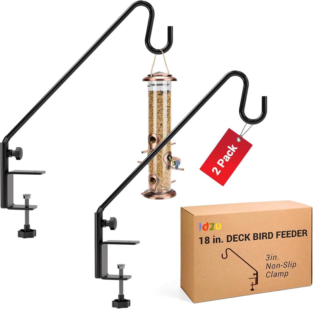 Idzo 18 Inch Railing Hook, Deck Hook for Bird Feeder Pole, Durable 3-Layer Powder Coated Steel, Shepherds Hooks for Outdoor, 360 Rotation, Sturdy Deck Railing Bracket for Hanging Decorations, 2 Packs
