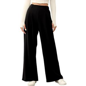 EVALESS Women's Fleece Lined Pants Wide Leg High Waisted Knit Palazzo Pants Business Casual Work Trousers with Pockets (Large, Black)