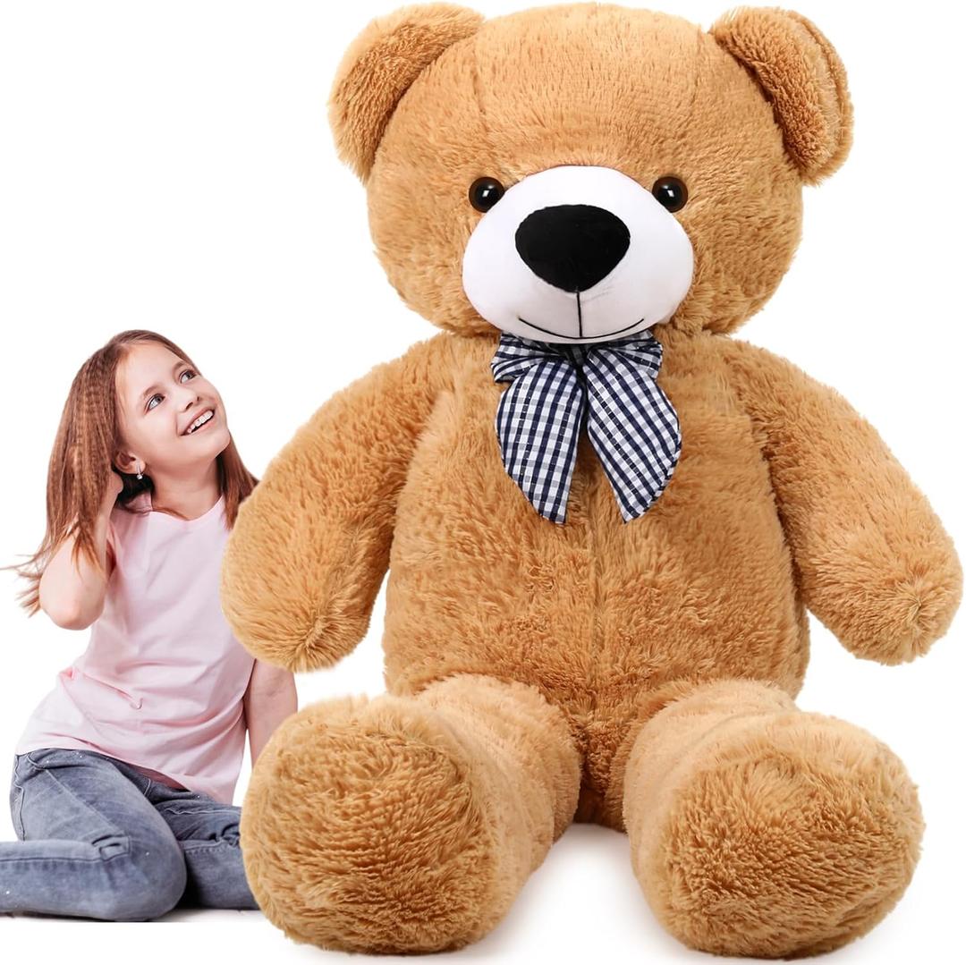 Soulchen 47 Inches Giant Bear Stuffed Animal Soft Large Bear Plush Oversized Stuffed Toys with Bow for Boys Girls Birthday Gift Baby Shower Party Favors(Light Brown)
