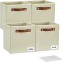Collapsible Fabric Storage Cube Bins with 2 Reinforced PU Handles, Foldable Storage Organizer Baskets for Closet, Shelves, Living Room | 11"x11"x11", 4 Pack, Full Beige