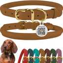 BRONZEDOG Rolled Leather Dog Collar with QR ID Tag Adjustable Soft Round Collars for Small Medium Large Dogs Puppy (14" - 16" Neck Size, Light Brown), 1 Ct