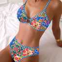 Fanuerg Women's Triangle Bikini Sets O Ring Linked Two Piece Swimsuits Floral Printed Cheeky Bathing Suit (Blue, M)