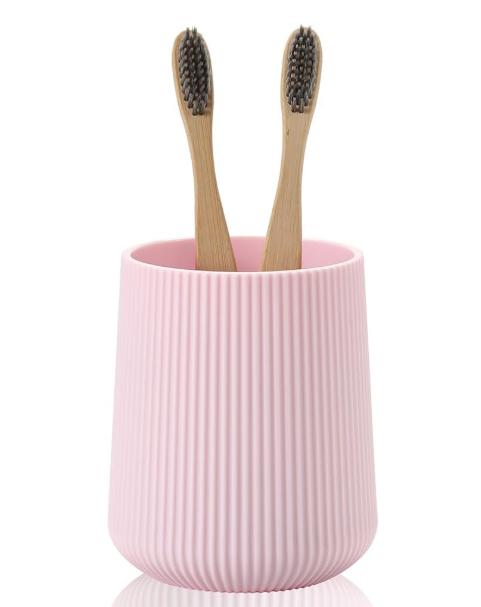 Beige Striped Toothbrush Holder for Electric Toothbrushes Bathroom Organizer Cup for Toothpaste Kids & Adults, Pink