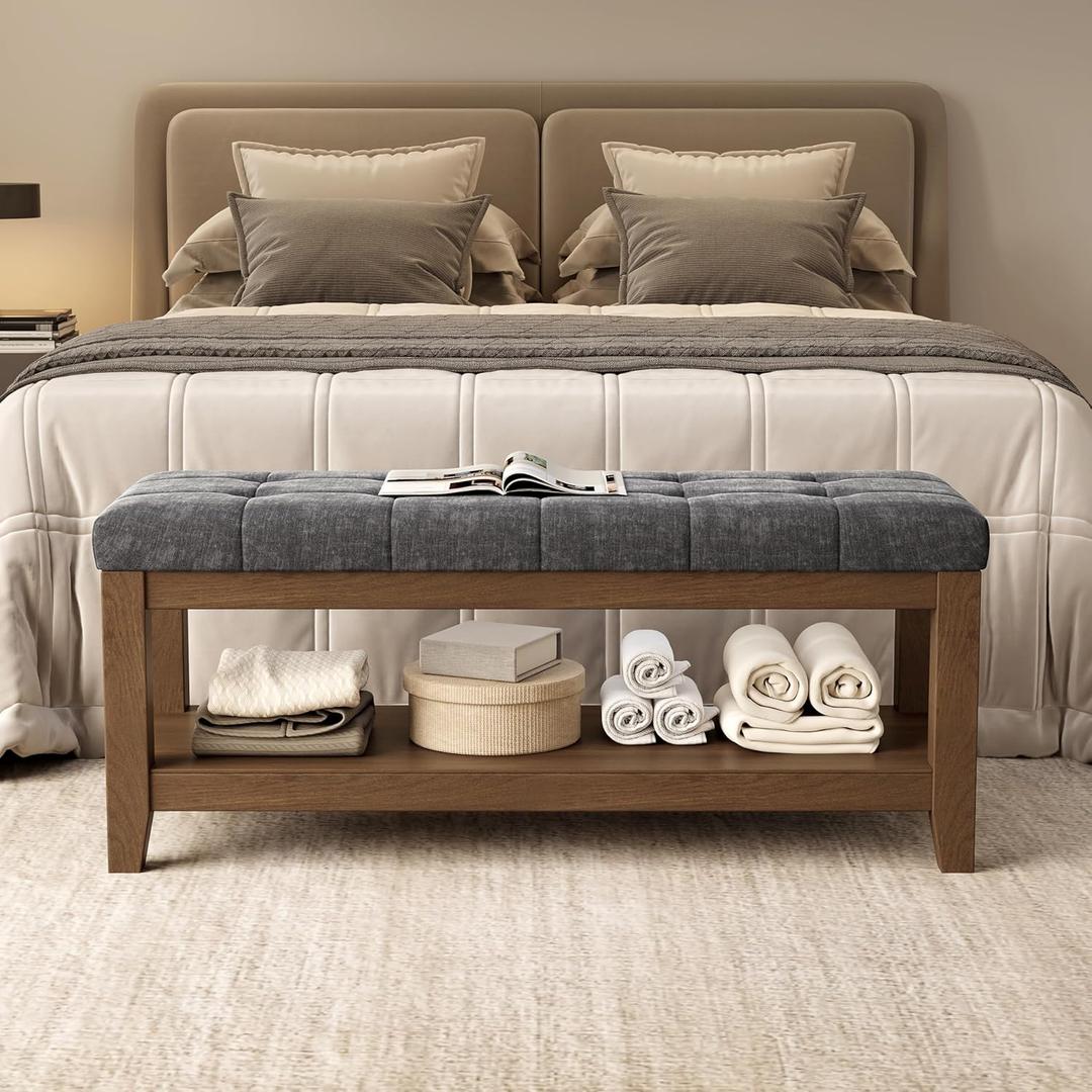 ABHENG Solid Rubber Wood Shoe Bench, Soft Chenille Material Upholstered Seat, 770LB Load Capacity, Multi-Storage for Entryway/Bedroom/Living Room, Vintage Style, 43.3"x15.7"x17.7", Dark Gray,UASND65G