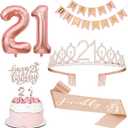 21st Birthday Decorations for Her, Including 21st Tiara and Sash, Happy Birthday Banner, Cake Toppers, Number Candles and Balloons Set, Rose Gold