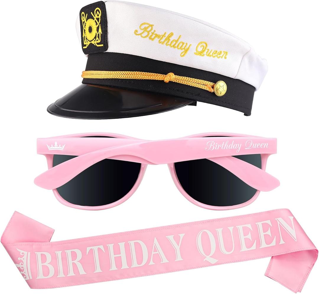 Brosash Birthday Queen Captain's Hat, Sunglasses, Pink Sash Set - Bday Party Photo Prop Accessories | Gift Ideas Celebration Accessory Embroidered Birthday Costume Hats Womens Photoshoot Gifts (White)