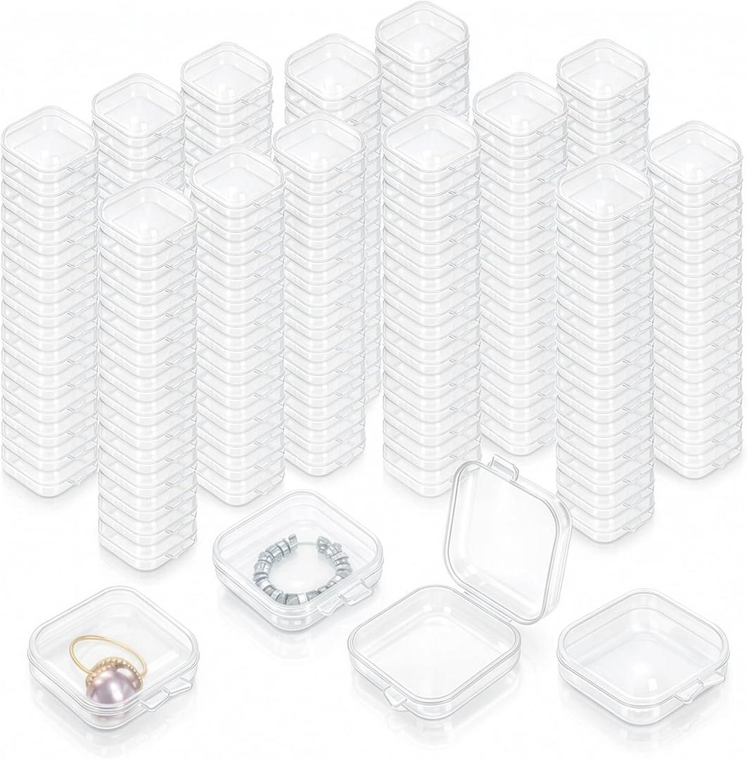 Dicunoy 200 Pieces Mini Clear Plastic Box, Small Bead Storage Jewelry Containers with Hinged Lids, Ring Boxes Bulk Portable Craft Supply Box for Earrings Necklaces DIY Accessories
