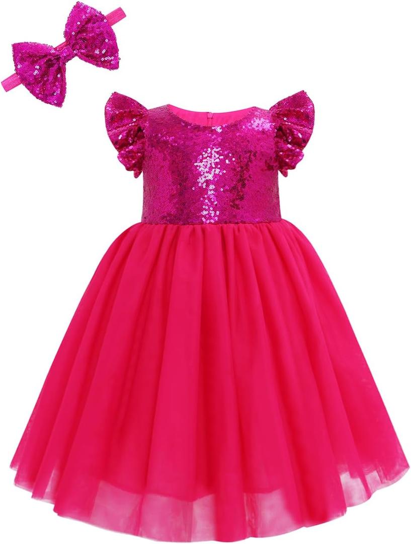 Cilucu Girl Sequin Ruffle Dress Tutu Flower Girls Dress Princess Sparkle (Pink)