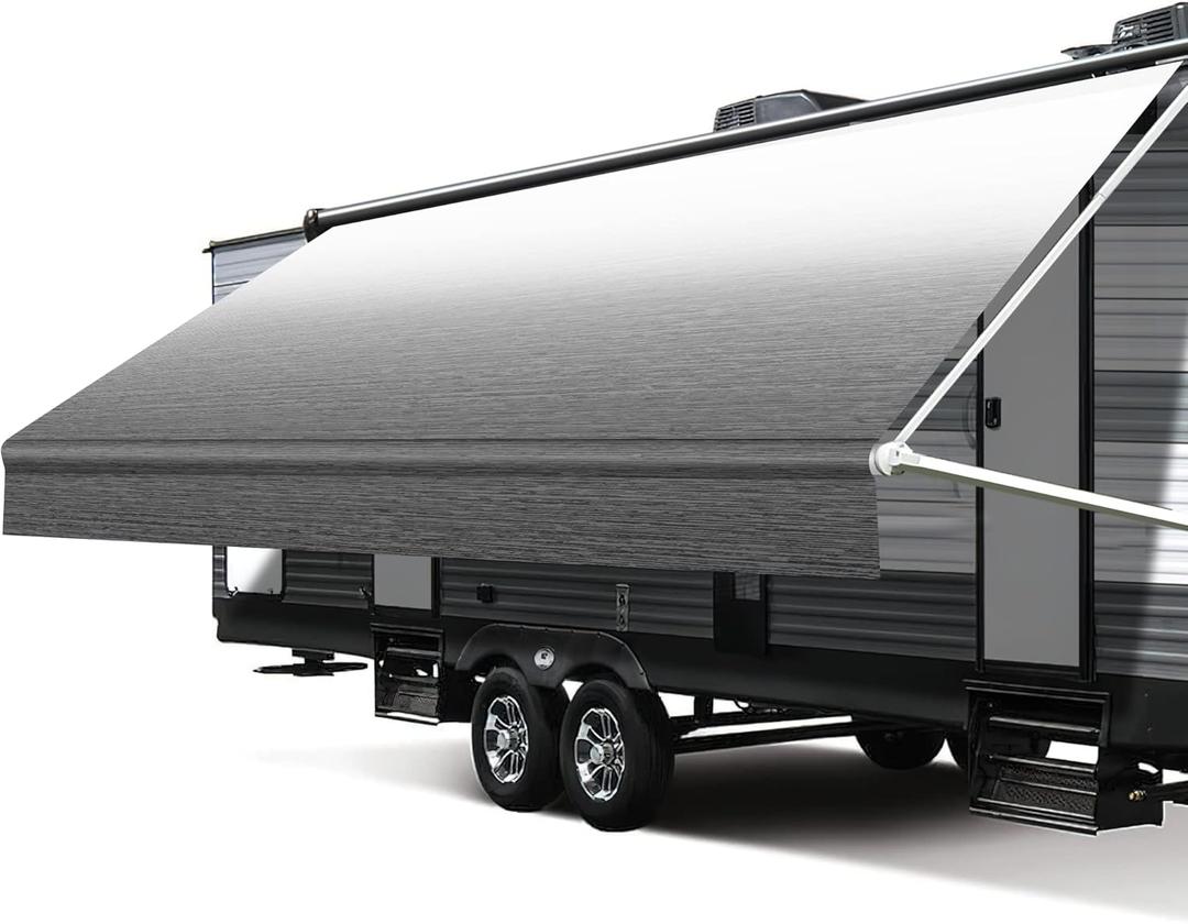RV Awning Fabric Replacement, 18.5oz Heavy-Duty Weatherproof Vinyl Camper Awning Replacement Universal Outdoor Canopy for RV, Motorhome, and Trailer Awnings (Black Fade, 16'(Fabric 15'2"))