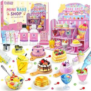 Mini Bake Shop DIY Toy Set, Making 14Pcs Pretend Desserts & Cakes, Resin & Clay Kitchen Play Kit, Scene Display Creativity & STEM Party Gift, Craft Kit for Kids Girls Boys Ages 8+