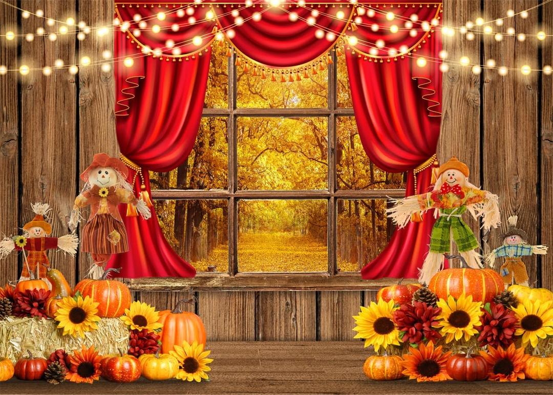 AIIKES 7x5FT Autumn Harvest Backdrop Fall Woodland Forest Outside Window Backdrop for Photography Thanksgiving Day Pumpkin Sunflower Scarecrow Baby Shower Decorations Photo Backdrop 12-603