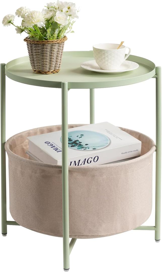 danpinera Round Side Table with Fabric Storage Basket, Metal Side Table Small Bedside Nightstand with Removable Tray Top for Living Room, Bedroom, Nursery, Laundry, Light Green, round, 17.71-inch diameter