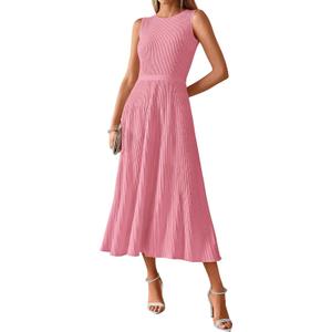 BTFBM Women Midi Bodycon Tank Dress | Casual Sleeveless Crewneck Knit Pleated A Line Sweater Dresses, Wedding Guest,Cocktail,Vacation Outfits, Summer 2026 (Pink, L)