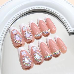 Long Press on Nails Square Rhinestone Pink French Tips Acrylic Fake Nails Glossy Glue Glitter Design Nails Full Cover Butterfly Charms False Nails for Women Manicure, 24Pcs