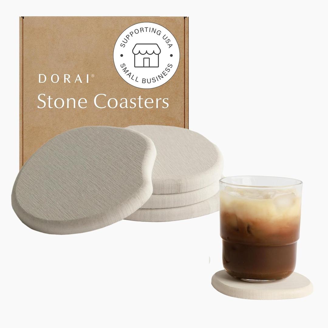 Dorai Home Stone Coaster Set  4 Absorbent Diatomite Coasters for Instant Drying, Modern Design, Sandstone