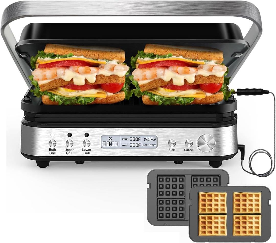 CATTLEMAN Panini Press Grill Sandwich Maker with Removable Plates, 1600W, 6 in 1 Indoor Grill with Meat Thermometer, Electric Contact Grills for Kitchen, Stainless Steel