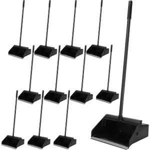 Leumoi 12 Pcs Dust Pans with Long Handle Set 36.6 Inch Commercial Dust Pan with Comb Large Plastic Stand up DustPans for Outdoor Indoor Restaurant Home Office Floor Cleaning (Black)