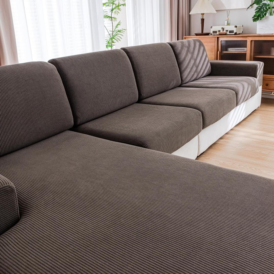QIANMEW Couch Cushion Covers, Comfort Soft Magic Sofa Covers Washable Stretch Resistant Slipcovers for Sectional and L Shaped Seats Furniture Protectors for Pets (1PC Armrest Cover, Brown)