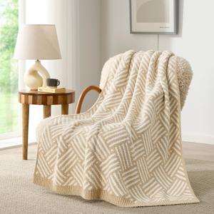 Snuggle Sac Ultra Soft Boho Throw Blanket for Couch Sofa Bed 50x60 inches, Reversible Beige Striped Blanket Microfiber Fluffy Fuzzy Cozy Knit Soft Throws Birthday Gifts for Women