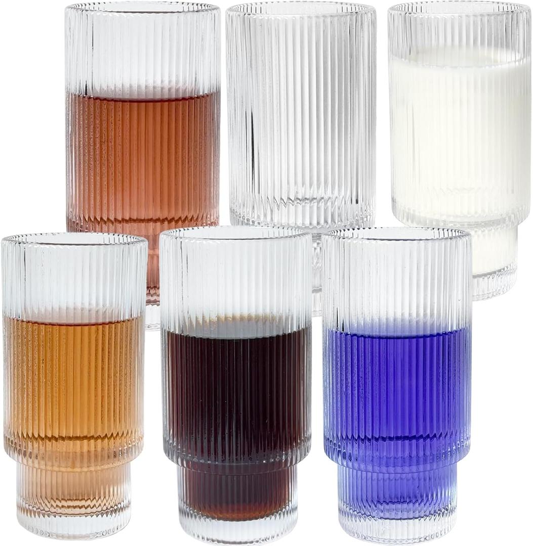 XKXKKE 12 oz Ribbed Drinking Glasses Set of 6, Clear Vintage Iced Coffee Cups Elegant Glassware, Highball Glass Cups Ridged Glass Tumbler for Cocktail, Whiskey, Beer, Water, Juice, Origami Style (Transparent)