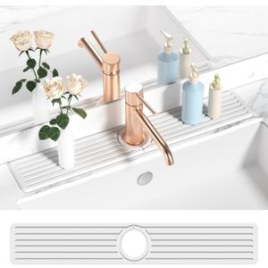 Diatomite Faucet Mat for Kitchen Sink with Raised Pads & Cleaning Brush, Super Absorbent Fast Drying Stone Sink Tray, Splash Guard Protector Mat for Bathroom Counter (White, 23.6" x 3.9")