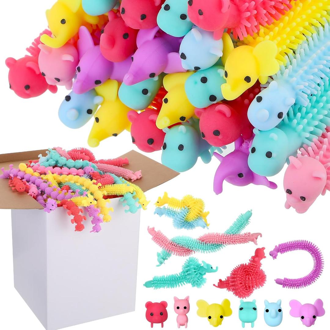 Chivao 100 Pack Bulk Stretchy String Fidget Toys Animal Sensory Toys for Kids and Adults Colorful Fidget Worm Stress Anxiety Relieve Party Favors Goodie Bag Fillers Birthday Gifts (Animal Style)