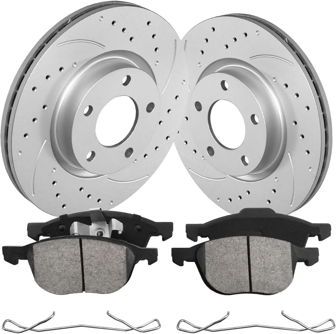 funire Front Brake Pads And Rotors Kit Compatible With 2004-2013 Mazda 3, 2012-2015 Mazda 5, 31363 D1044-7947 Automotive Replacement Brake Kits Geomet Drilled And Slotted Rotors 300mm (11.8in)