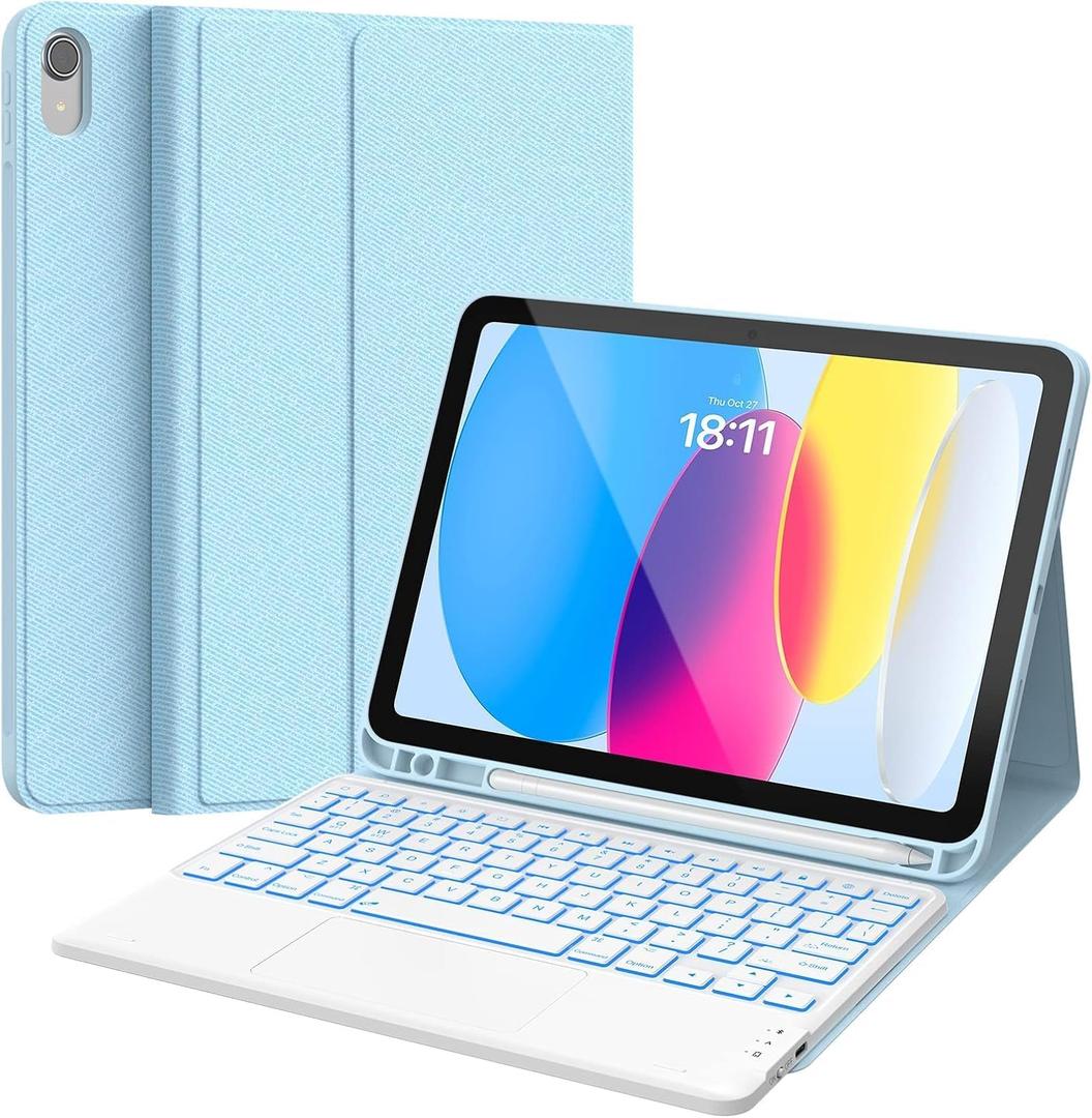 CHESONA for iPad 10th Generation Case with Keyboard, 7 Color Backlight, Multi-Touch Trackpad, Flip Stand Case with Pencil Holder, 2 Wireless Channels for iPad (A16) 11th/10th Gen (2025/2022), Blue