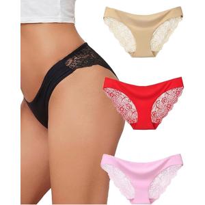 Womens Sexy Thongs Lace Panties Underwear Low Rise Plus Size Underpants Pack of 3, Ivory, Red, Pink (M)
