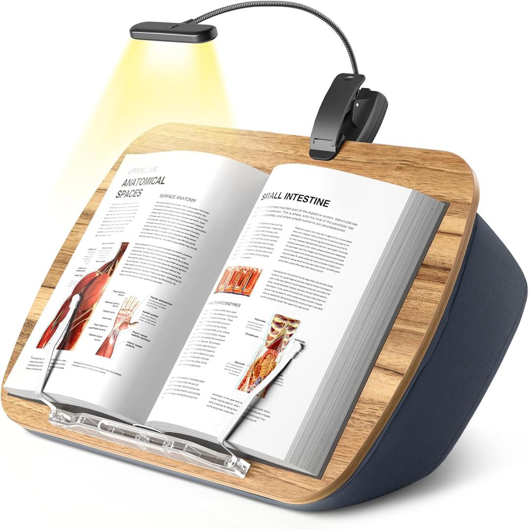 ERGONOV Book Pillow Stand with 6500K Reading Light, Hands Free Book Holder, Comfortable Lap Book Stand for Reading in Bed, Desk, or Sofa, Wooden Book Rest for Book Lovers,AAA Battery Required
