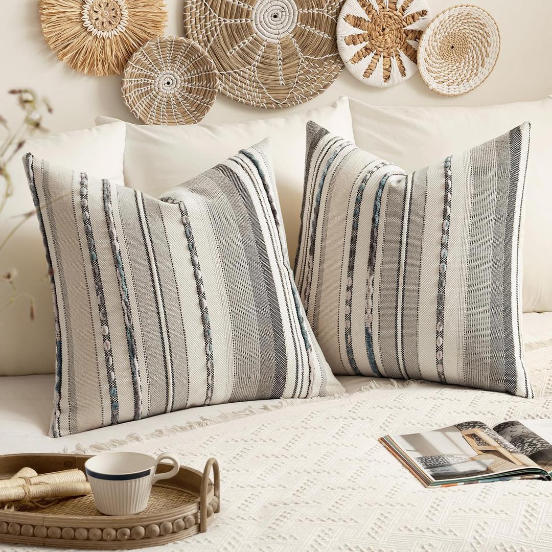 EMEMA Set of 2 Boho Decorative Throw Pillow Covers 26x26 Inch Tufted Chenille Farmhouse Cushion Covers Textured Striped Pillow Covers Accent Neutral Pillowcases for Sofa Couch Bed Grey-White