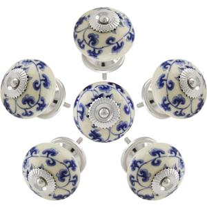 Piutouyar 6PCS Vintage Ceramic Cabinet KnobsFloral Hand Painted Ceramic Pumpkin Cupboard Pulls Knob Wardrobe Cabinet Drawer Door Handles, Blue and White Flower