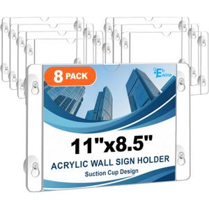 EHWINE 8 Pack Acrylic Window Sign Holder 8.511 Horizontal with 4 Suction Cups, Clear Acrylic Frames Wall Mount Advertising Signage Sign Holder for Store, School, Office, Home