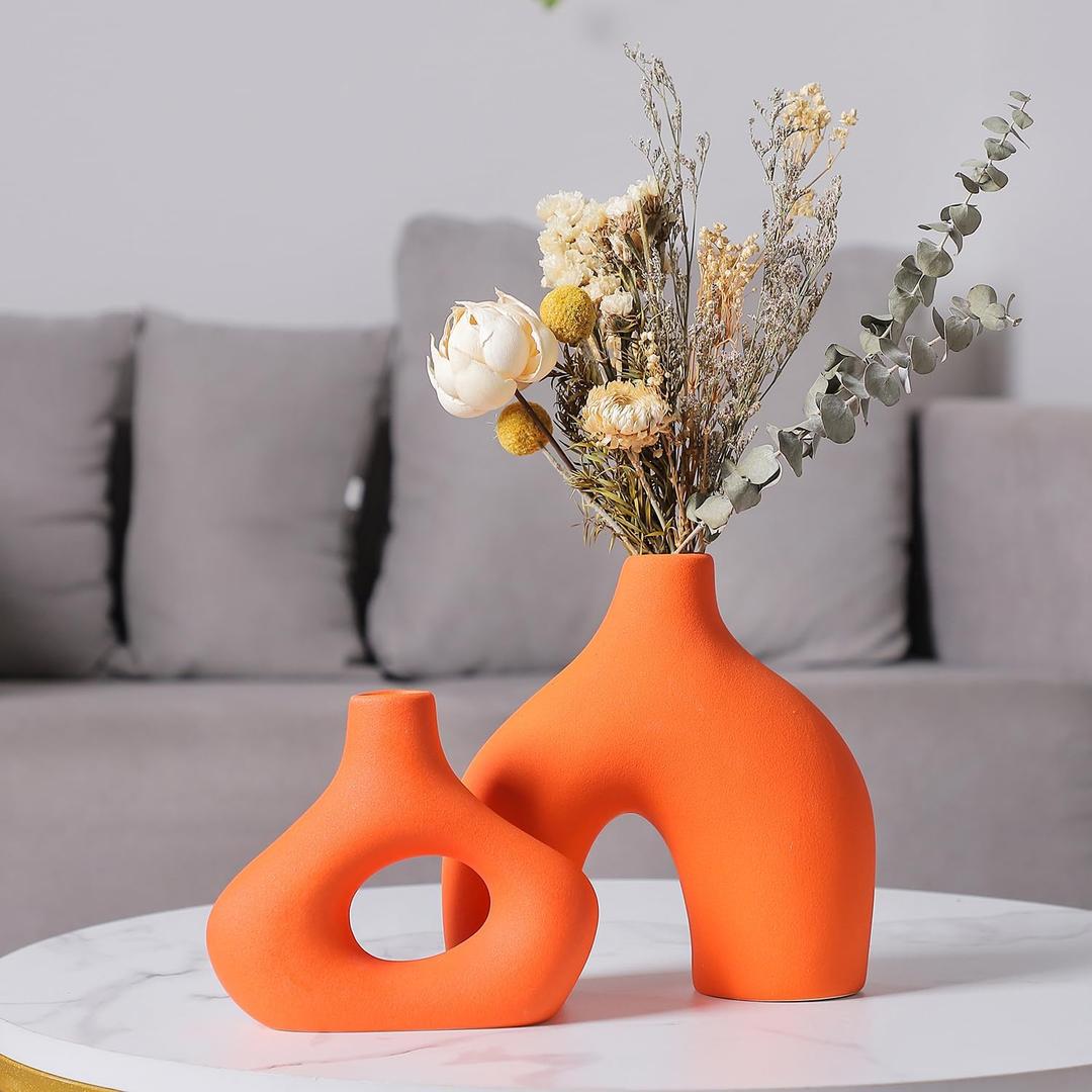 CEMABT Orange Ceramic Vase Set of 2 for Modern Minimalist Bohemian DecorRound Matte Donut Vases for Pampas Grass-Perfect for Living Room, Dining Table, Office Bedroom Shelf Decor Entryway, Console