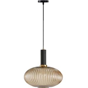 Pendant Light Black Lamp Holder and Glass Striped Light Shade Modern Pendant Lighting for Kitchen Island Farmhouse Hanging Lights Fixtures (L, Amber)