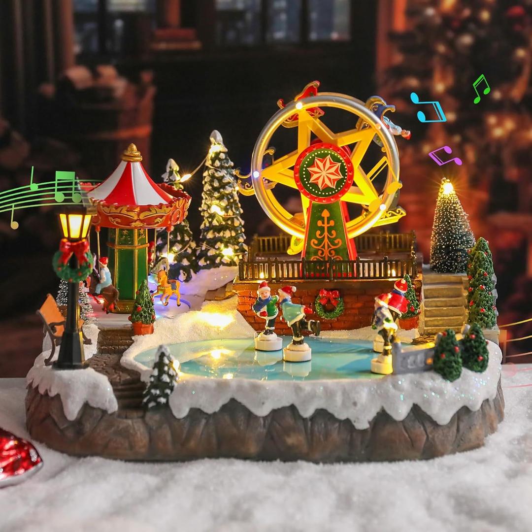 VCUTEKA Christmas Village Houses, Rotating Ferris Wheel with Kids Skating and Carousel Lighted Musical Christmas Village Collectible Building for Xmas Indoor Decorations or Holiday Table Displays