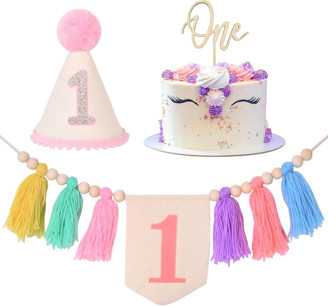 Bohemian 1st Birthday High Chair Banner Decoration Wooden Beads Tassel Colorful Cone Hat Girl Party Decoration Set with Cake Insert