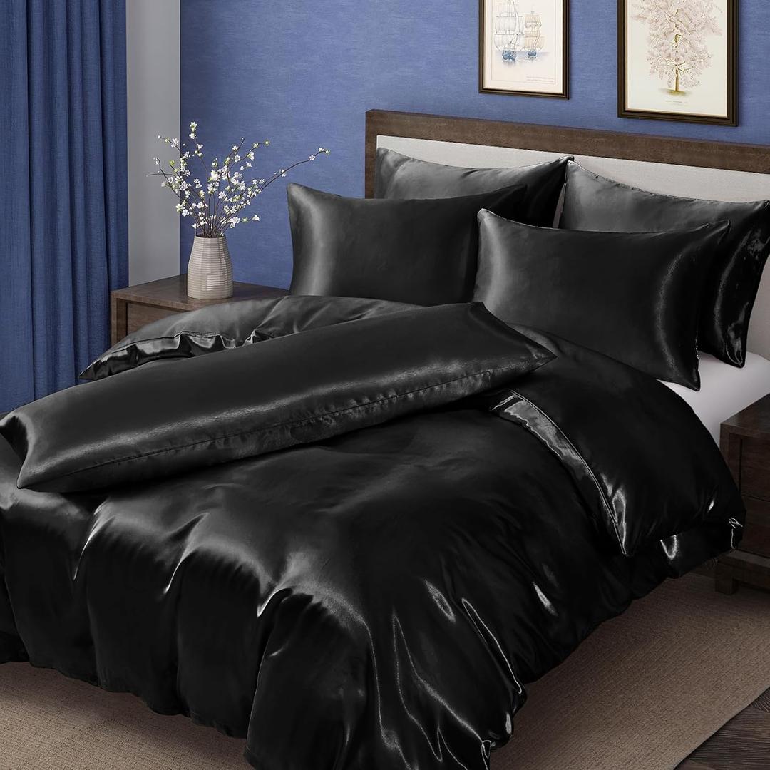 MILVOWOC 6 Pcs Black Satin Duvet Cover Full/Queen Size Set, Silky Bed Duvet Cover Ultra Soft Comforter Cover, 1 Satin Duvet Cover, 1 Body Pillowcase, 4 Pillow Cases (No Comforter)
