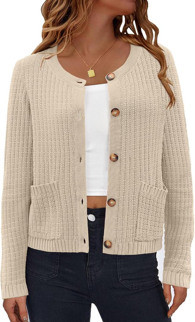 AGSEEM Womens Cardigan Sweaters Knit Button Up Open Front Long Sleeve Crew Neck Short Lightweight Trendy 2025 with Pockets, Beige, Medium