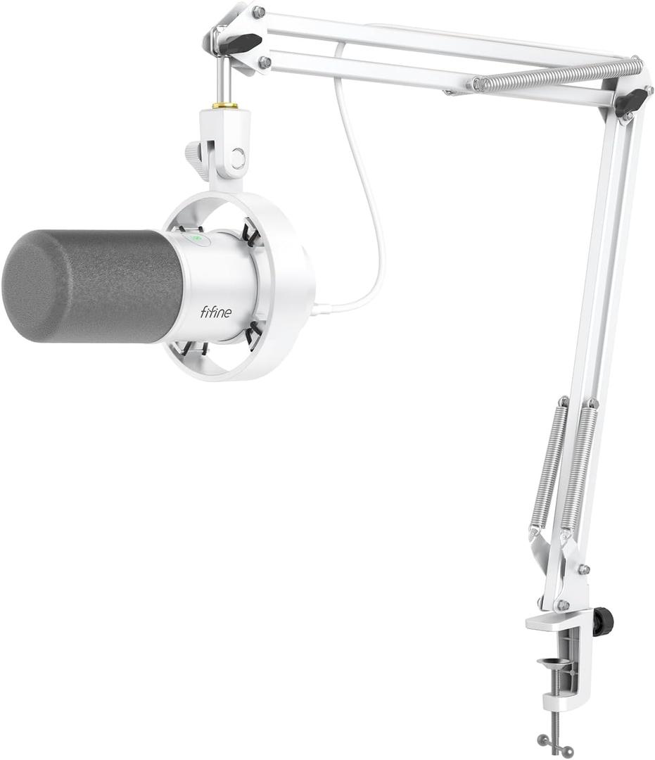 FIFINE Dynamic Microphone with Boom Arm, Studio Vocal XLR Microphone, Podcast USB Mic Kit for PC with Mute Button, Volume Knob, Headphone Jack, for Streaming Recording-AmpliTank K688CT White