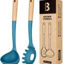 Pasta Fork and Ladle Set, Perfect for Serving Hot Soup, Stirring, and Sauce Pasta, BPA-Free Matte Silicone, Wood Handle Spaghetti Spoon for Nonstick Cooking Surfaces (Blue)