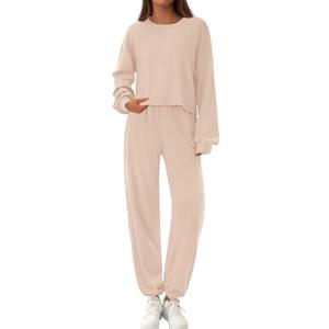 PRETTYGARDEN Women's Two Piece Lounge Sets 2025 Fall Airport Outfits Long Sleeve Pullover Tops Sweatpants Matching Clothing (XX-Large, Beige)