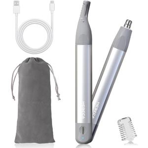 Nose Hair Trimmer for Men Women 2in1 Facial Hair Removal Trimmer - Metal Body, Rechargeable, Waterproof, Portable - Nose, Ear, Eyebrow, Peach-Fuzz, Lips, Chin (Silver)