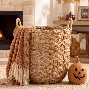 Newtay 1 Pcs Water Hyacinth Wicker Storage Basket 14 x 12 Inch | Handles Round, Boho Woven Blanket Basket, Laundry Pillows, Plants Natural, Farmhouse Bedroom Living Room Decor